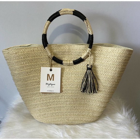 Miztique Handbags - SOLD Miztique Ivory/Black Tassel Round Handle Straw Bag